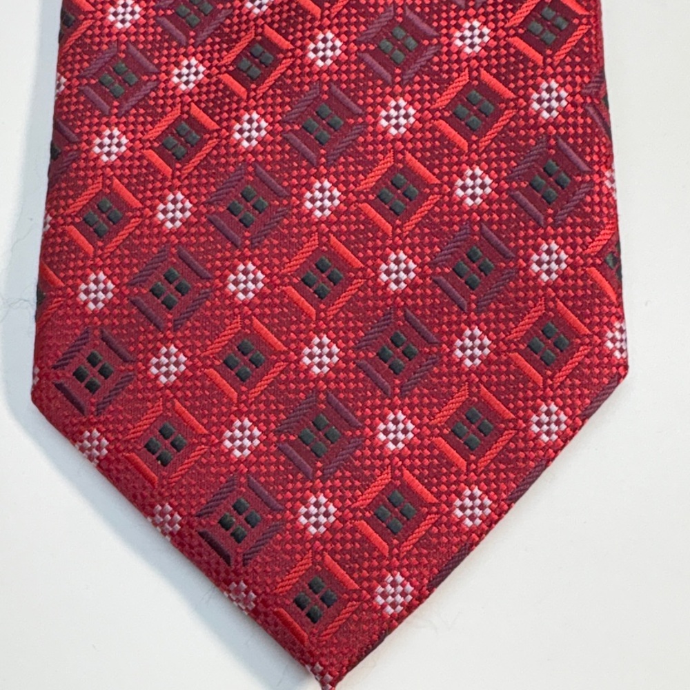Stacy Adams Handmade Red Geometric Silk Tie with Dark Square Accents